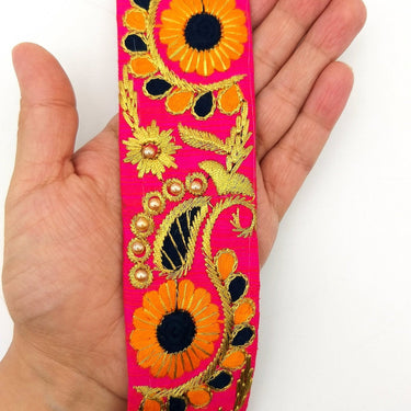 Fuchsia Pink Art Silk Lace Trim, Floral Embroidery in Orange, Black and Gold